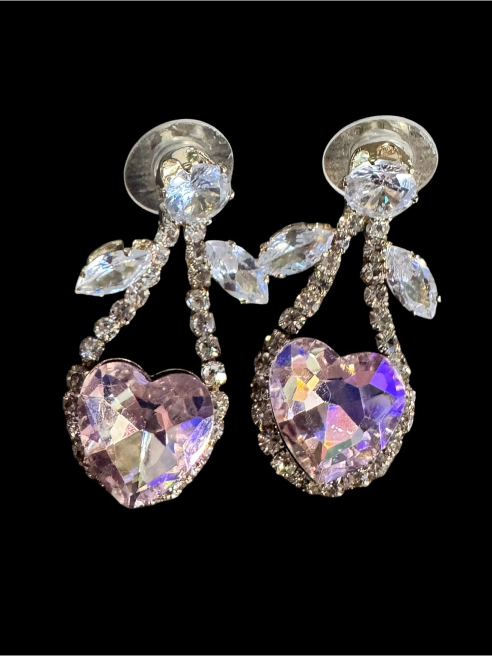 Sparkling Pink Heart Drop Earrings - Crystal Accent